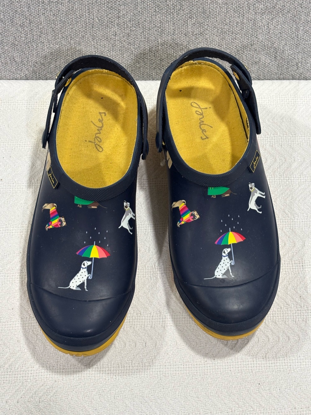 😻🌈Joules Navy Clogs with Yellow Soles and Dog & Umbrella Print - Picture 3 of 11